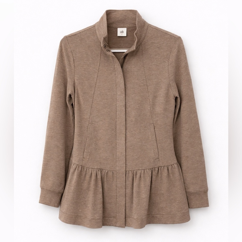Cabi Taupe Peplum Zip Jacket Moto Ruffle Hem Stretch Knit Small